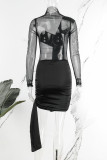 Black Sexy Solid Patchwork See-through Turtleneck Pencil Skirt Dresses