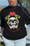 Navy Blue Casual Vintage Print Skull Patchwork O Neck T-Shirts
