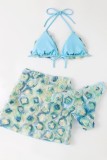 Light Blue Sexy Patchwork Bandage Backless Swimsuit Three Piece Set (With Paddings)