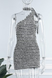 Black Sexy Striped Bandage Backless Oblique Collar Sleeveless Dress Dresses