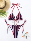 Tibetan Blue Sexy Striped Print Bandage Backless Swimwears (With Paddings)