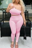 Pink Sexy Casual Sportswear Solid Backless Oblique Collar Sleeveless Two Pieces
