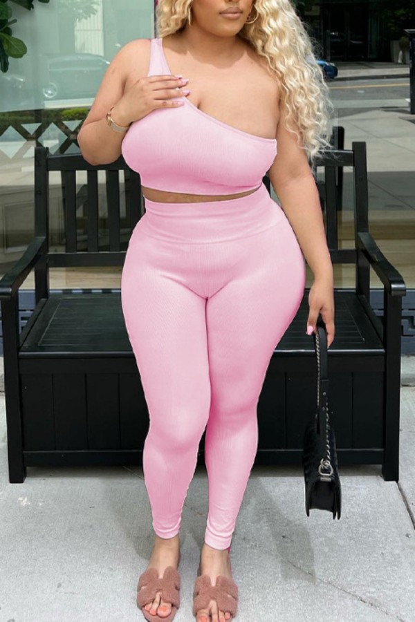 Pink Sexy Casual Sportswear Solid Backless Oblique Collar Sleeveless Two Pieces