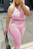 Pink Sexy Casual Sportswear Solid Backless Oblique Collar Sleeveless Two Pieces