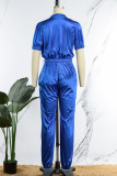 Blue Casual Solid Patchwork Zipper Short Sleeve Two Pieces