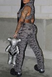 Grey Casual Solid Ripped Hooded Collar Sleeveless Two Pieces