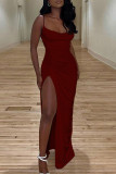 Blue Sexy Party Solid High Opening Fold Spaghetti Strap One Step Skirt Dresses