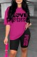 Rose Red Casual Print Letter O Neck Short Sleeve Two Pieces
