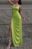 Blue Sexy Party Solid High Opening Fold Spaghetti Strap One Step Skirt Dresses