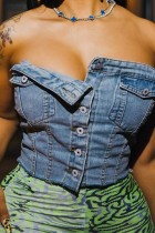 Blue Sexy Casual Solid Backless Strapless Sleeveless Skinny Denim