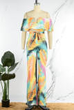 Green Casual Print Patchwork Backless Off the Shoulder Regular Jumpsuits