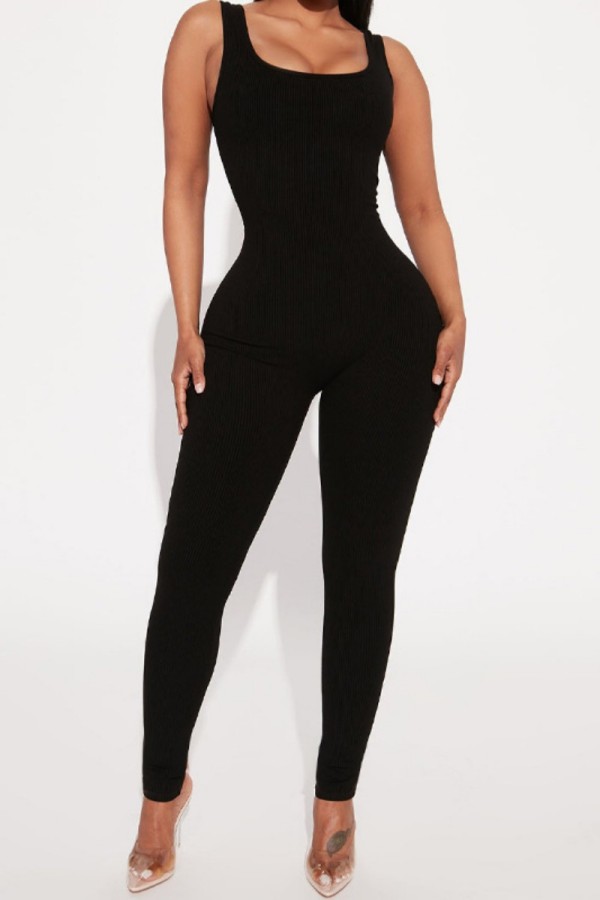 Black Sexy Casual Solid Backless U Neck Skinny Jumpsuits