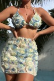 Light Blue Sexy Patchwork Bandage Backless Swimsuit Three Piece Set (With Paddings)
