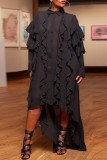 Black Casual Solid Patchwork Asymmetrical Turndown Collar Shirt Dress Dresses