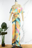 Green Casual Print Patchwork Backless Off the Shoulder Regular Jumpsuits