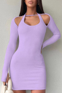 Purple Sexy Celebrities Solid Hollowed Out Halter Wrapped Skirt Dresses