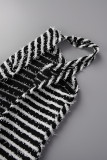 Black Sexy Striped Bandage Backless Oblique Collar Sleeveless Dress Dresses