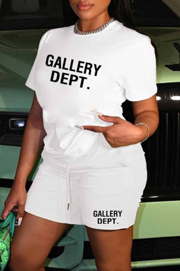 White Street Print Letter O Neck Short Sleeve Two Pieces