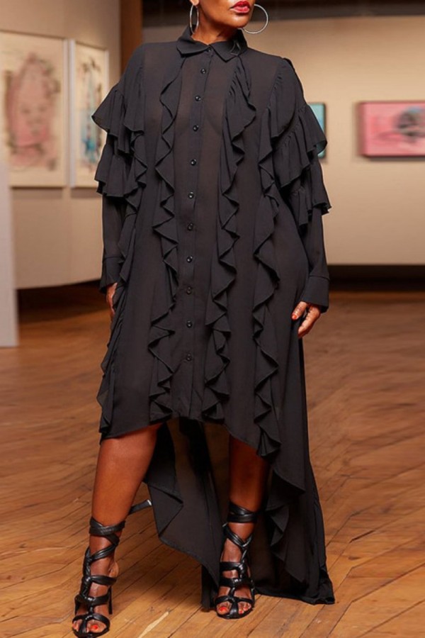Black Casual Solid Patchwork Asymmetrical Turndown Collar Shirt Dress Dresses