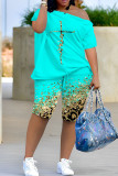 Colour Casual Street Print Patchwork Oblique Collar Short Sleeve Two Pieces