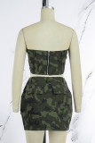 Army Green Sexy Casual Camouflage Print Backless Zipper Strapless Sleeveless Two Pieces