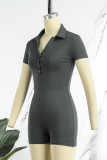 Grey Casual Solid Patchwork Turndown Collar Skinny Rompers