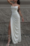 Blue Sexy Party Solid High Opening Fold Spaghetti Strap One Step Skirt Dresses