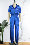 Blue Casual Solid Patchwork Zipper Short Sleeve Two Pieces