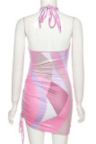 Pink Sexy Street Print Strap Design Halter One Step Skirt Dresses