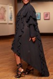 Black Casual Solid Patchwork Asymmetrical Turndown Collar Shirt Dress Dresses