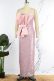 Pink Sexy Formal Patchwork Sequins Backless Strapless Evening Dress Dresses