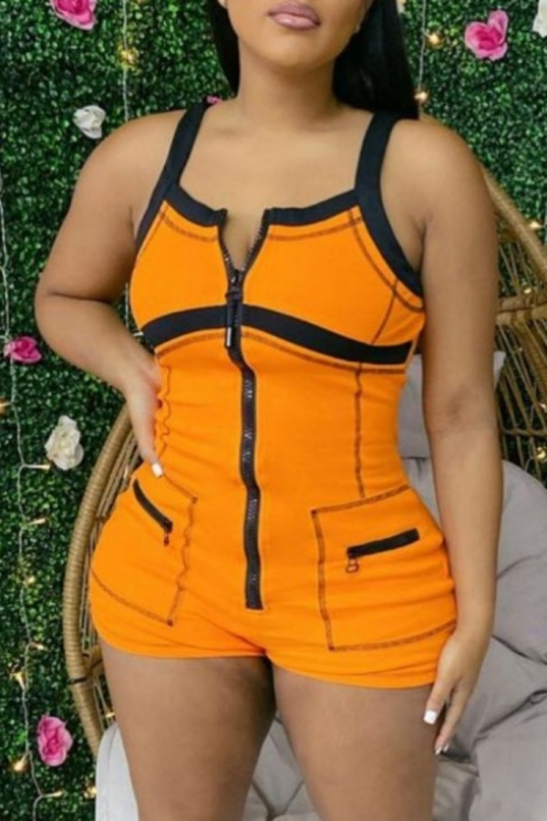 Orange Sexy Casual Patchwork Backless Contrast Spaghetti Strap Skinny Romper