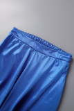Blue Casual Solid Patchwork Zipper Short Sleeve Two Pieces