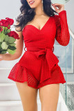 Rose Red Sexy Solid Bandage Hollowed Out Patchwork Asymmetrical Asymmetrical Collar Regular Rompers