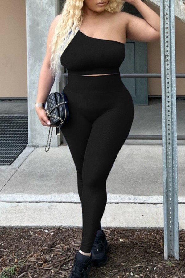 Black Sexy Casual Sportswear Solid Backless Oblique Collar Sleeveless Two Pieces