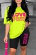 Fluorescent Green Casual Print Letter O Neck Short Sleeve Two Pieces