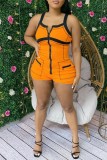 Blue Sexy Casual Patchwork Backless Contrast Spaghetti Strap Skinny Romper