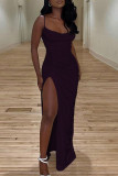 Blue Sexy Party Solid High Opening Fold Spaghetti Strap One Step Skirt Dresses
