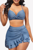 Blue Sexy Solid Backless Swimwears (With Paddings)