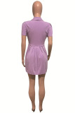 Pink Casual Solid Patchwork Fold V Neck A Line Dresses