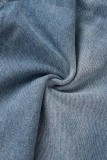 Baby Blue Casual Solid Tassel Patchwork High Waist Regular Denim Shorts