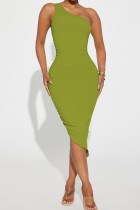 Light Green Sexy Solid Backless Oblique Collar Sleeveless Dress Dresses