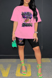 Pink Casual Print Basic O Neck Short Sleeve Two Pieces