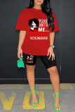 Red Casual Print Basic O Neck Short Sleeve Two Pieces