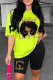 Fluorescent Green Casual Print Basic O Neck Short Sleeve Two Pieces