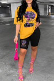 Pink Casual Print Basic O Neck Short Sleeve Two Pieces
