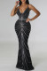Black Sexy Formal Patchwork Hot Drilling Backless Spaghetti Strap Long Dress Dresses