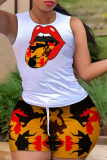 White Casual Sportswear Letter Lips Printed O Neck Sleeveless Two Pieces