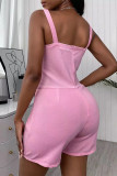 Pink Casual Simplicity Solid Patchwork Cut Out Spaghetti Strap Regular Rompers