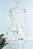 White Sexy Solid Hollowed Out Sequins Patchwork O Neck Tops